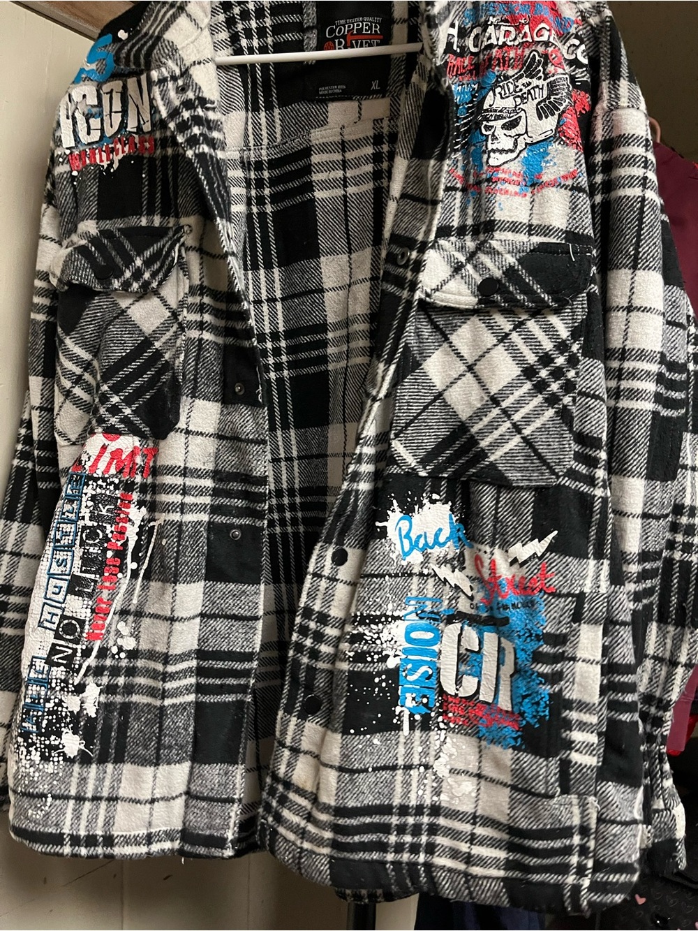 Black & White Plaid Graphic Flannel Jacket with Colorful Prints